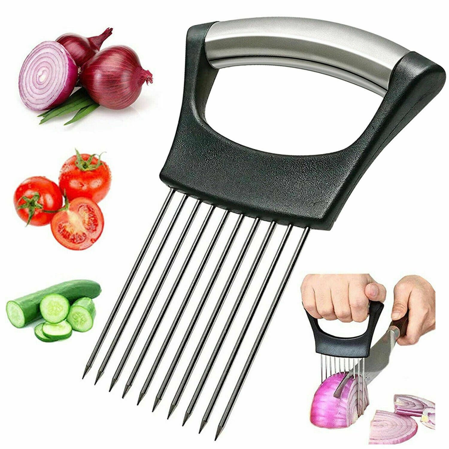 Stainless Steel Onion Holder Slicer Tomato Cutter NonSlip