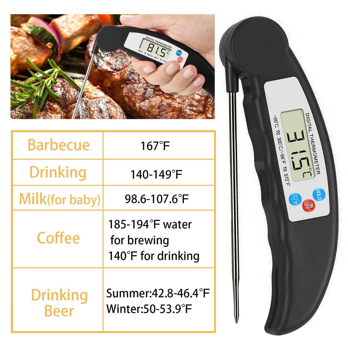 Instant-Read Meat Thermometer Digital Electronic Food Temp