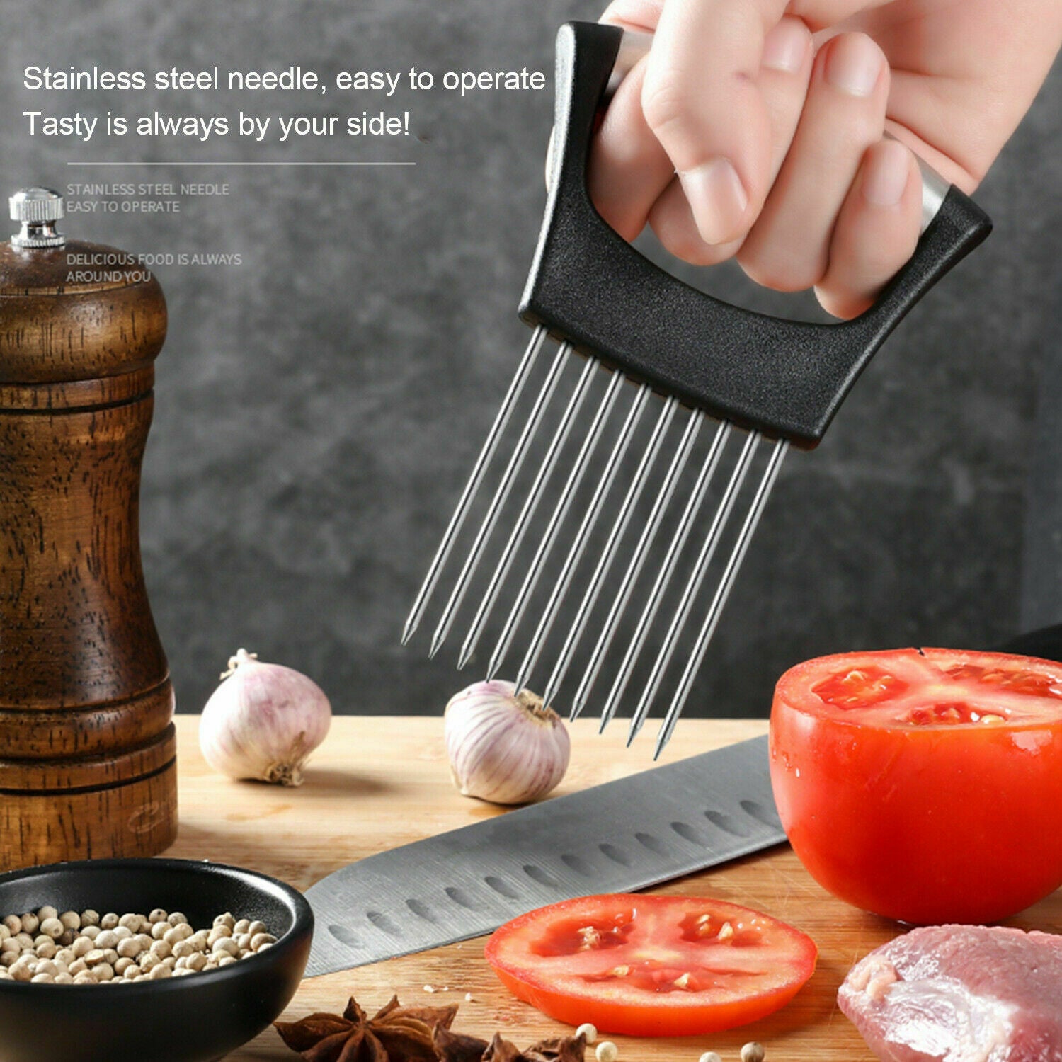 Stainless Steel Onion Holder Slicer Tomato Cutter NonSlip